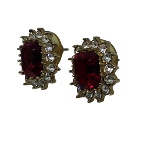 Vintage 80s Red Rhinestone Sunburst Stud Earrings - Picture 4 of 6
